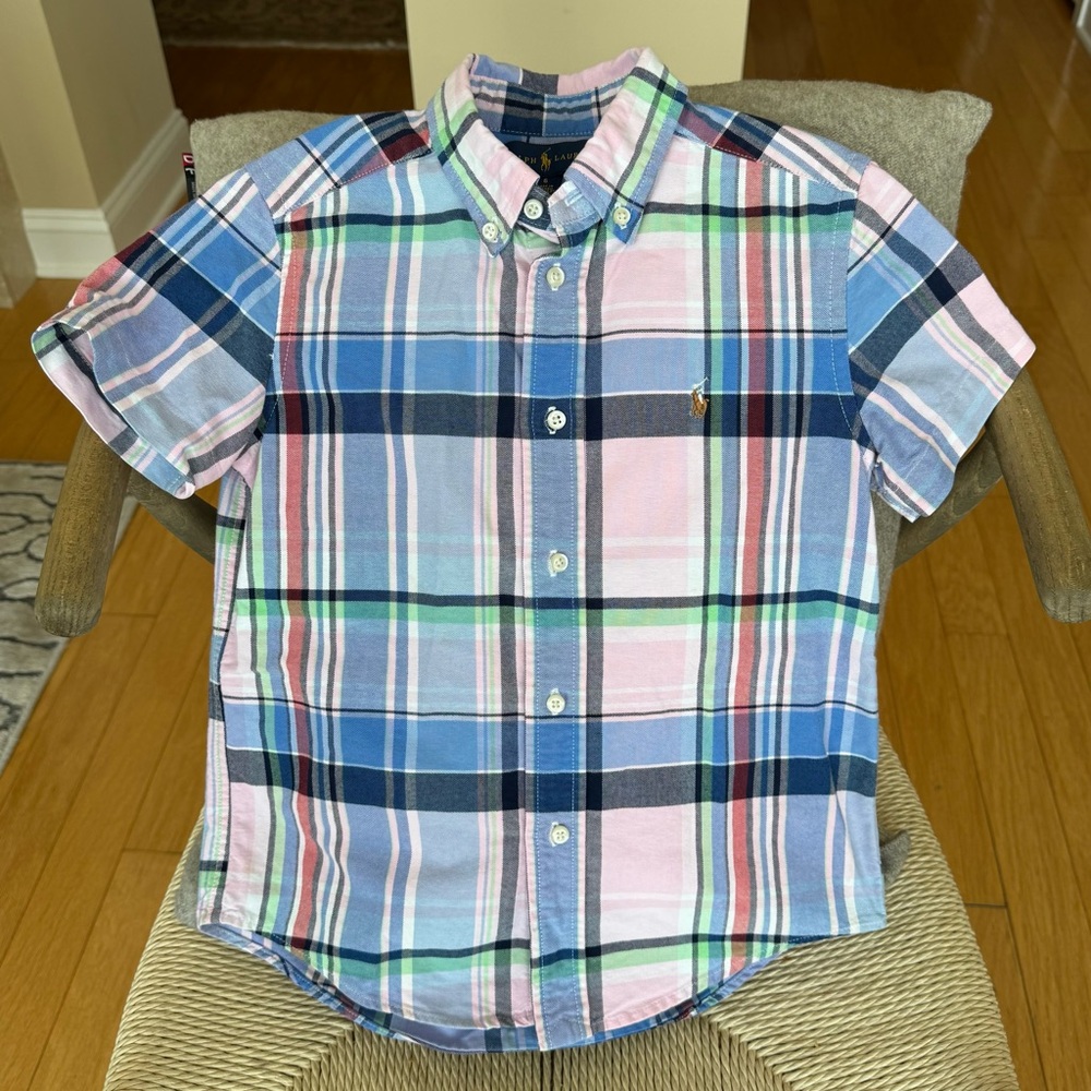 Polo Ralph Lauren Kids Plaid Cotton Oxford Button Up, Short Sleeve, Size 6